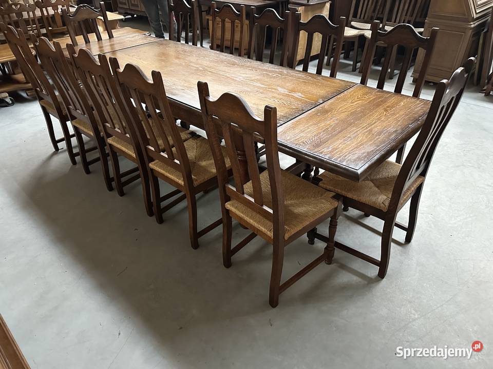 Masywny dębowy stół rozkładany 3m 12 krzeseł 100 sprzedam