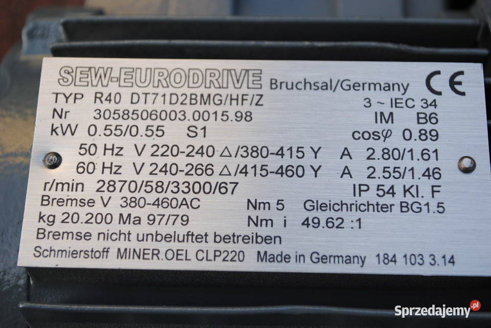 Motoreduktor 055kw 58obr z hamulcem Firmy SEW lubuskie Kargowa