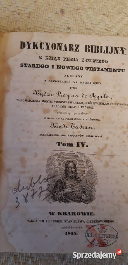 DYKCYONARZ BIBLIJNY T IV Kraków 1845 rzadkie Iwno