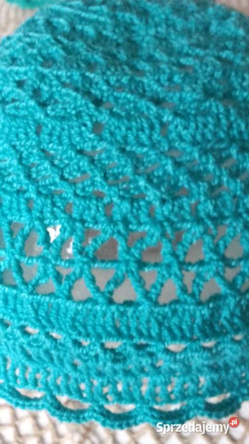 TURKUSOWA CZAPECZKA AŻUROWA MITENKI Piła