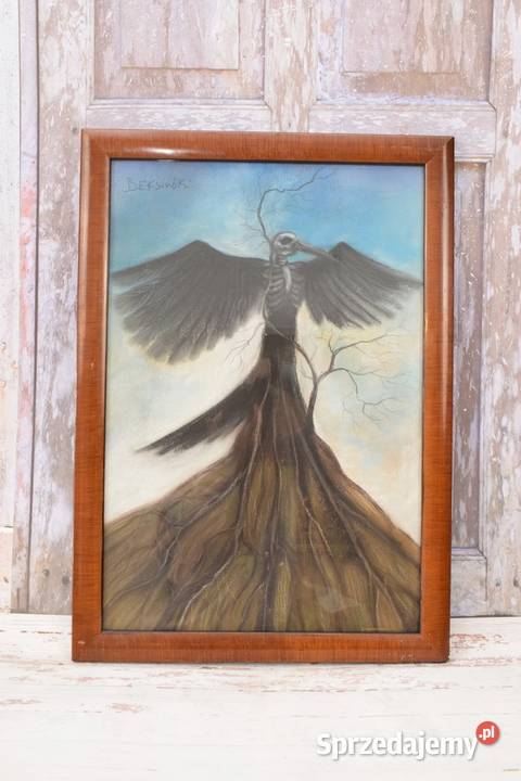 Beksiński Pastel na Kartonie Szkłem Stary Obraz Obrazki i obrazy Kraków