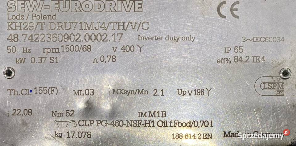 motoreduktor przekładnia 037kW 68obr 3fazowy kujawsko-pomorskie Pigża
