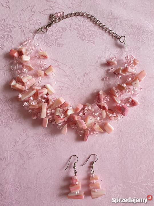 Komplet naszyjnik i kolczyki z różowymi kamykami Zegarki i Biżuteria małopolskie