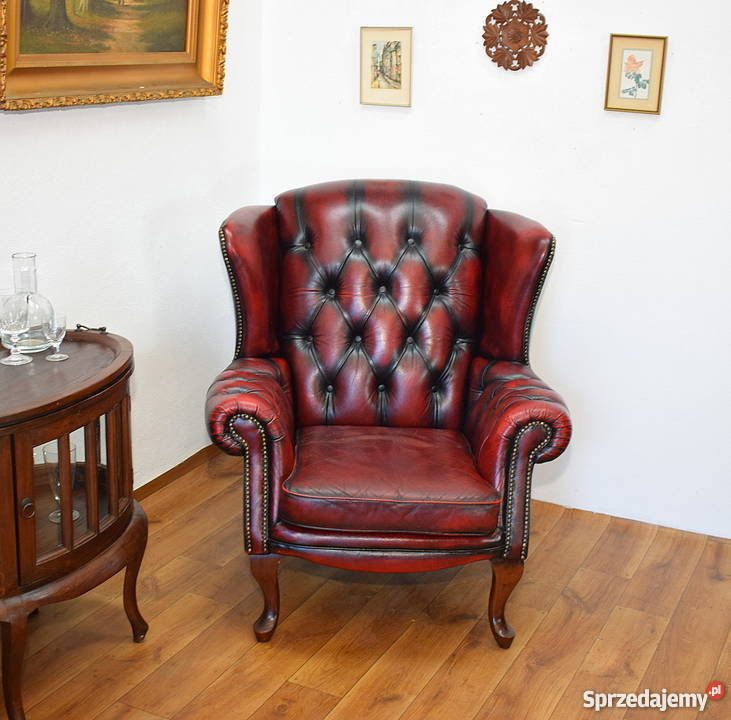 Fotel chesterfield piękny uszak skóra pikowany