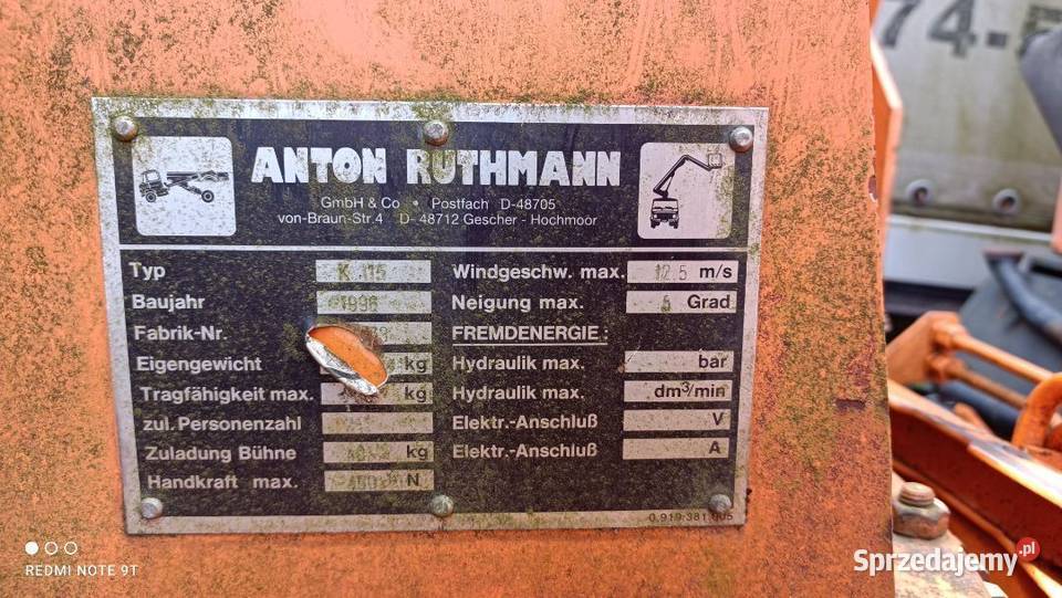 Zwyżka podnośnik platforma ANTON RUTHMANN typ K Pozostałe kujawsko-pomorskie Osiek sprzedam