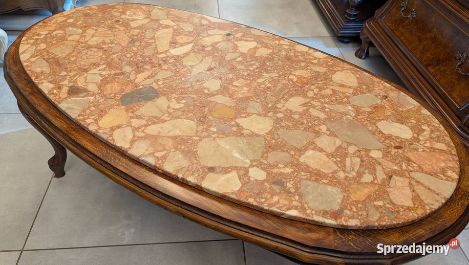 Piękny dębowy stolik ludwikowski z marmuremsklep Dąbrowa Górnicza