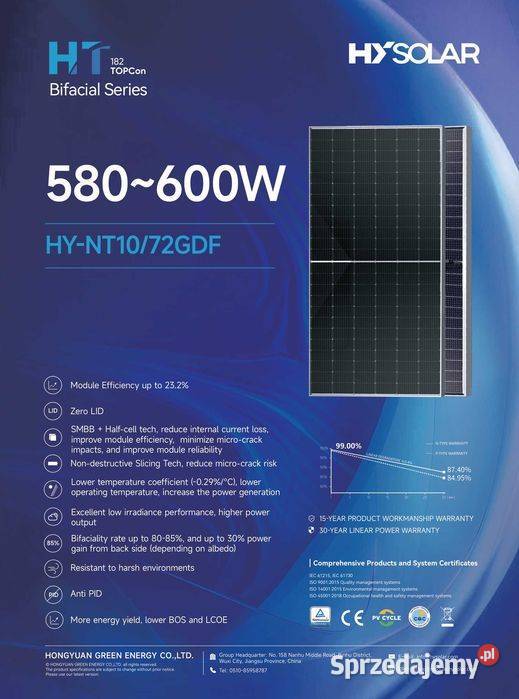 Panel Fotowoltaiczny HYSOLAR 600W Bifacial