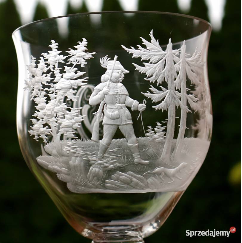 Muzealny duży 25 ozdobny pokal temat myśliwski Porcelana i szkło Zgorzelec