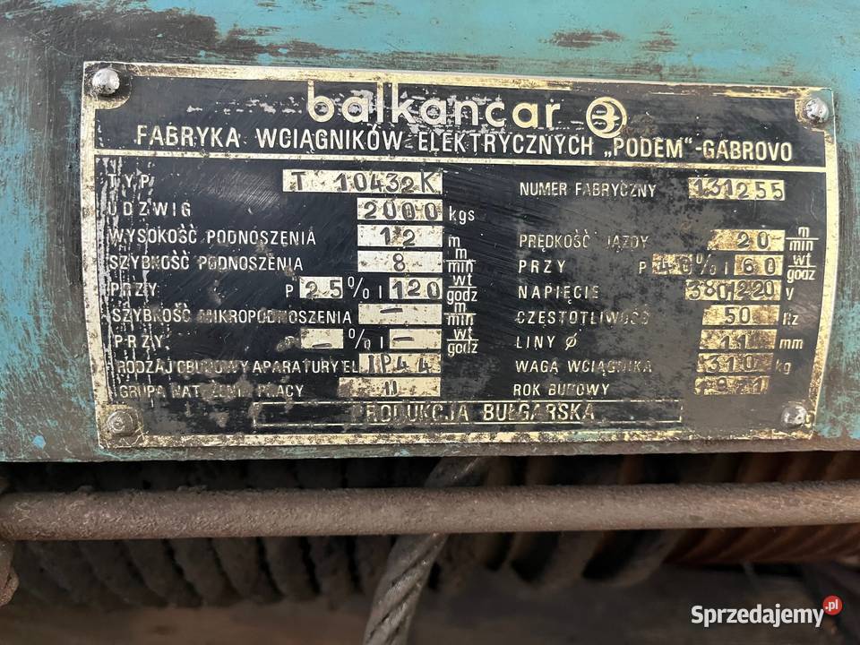 Elektrowciąg wciągnik Balkancar 2000 typ T Nowa Sól sprzedam