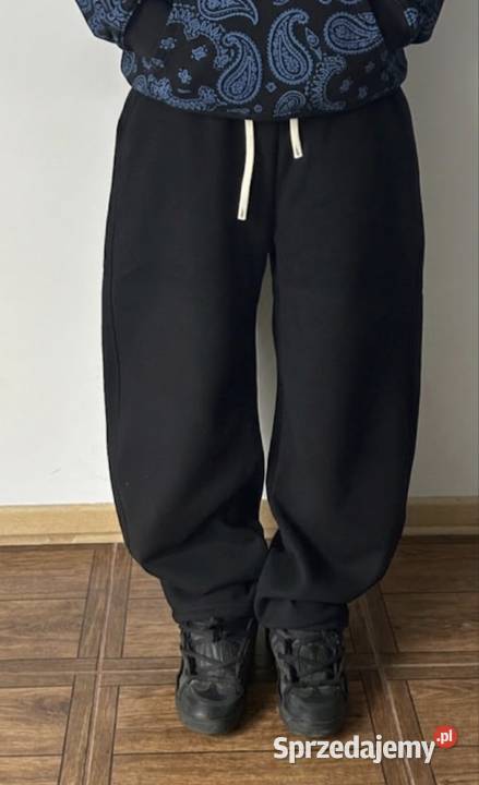 Mega Szerokie Spodnie Dresowe Baggy Fleece Gruby czarny Nowa Słupia