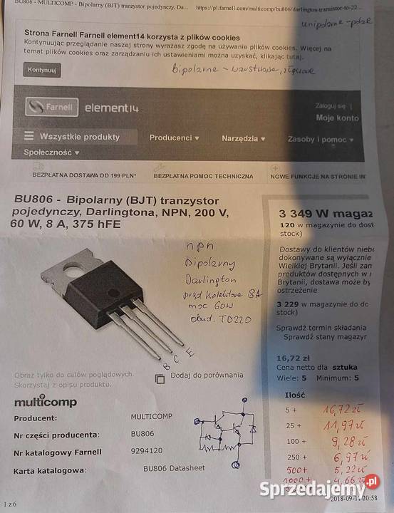 Bipolarny tranzystor BJT NPN 60W 8A Darlington Dąbrowa Górnicza