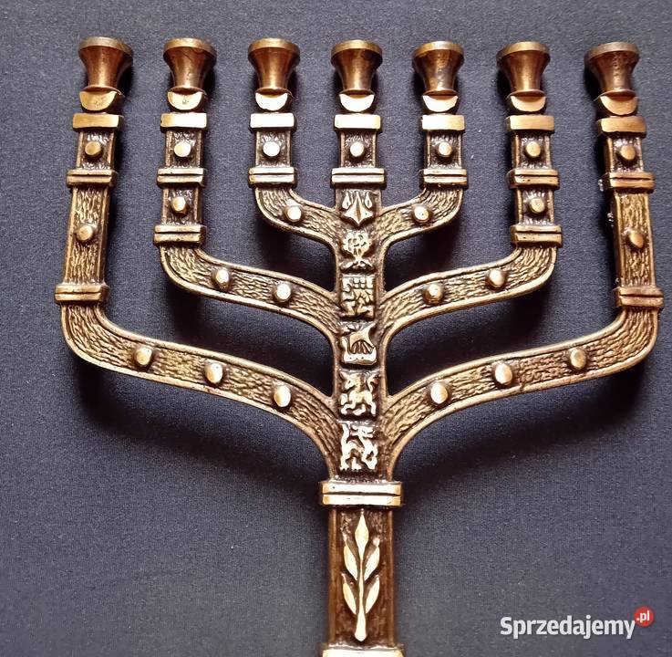 Mosiężna menora Hen Holon Israel druga połowa XX Koźminek