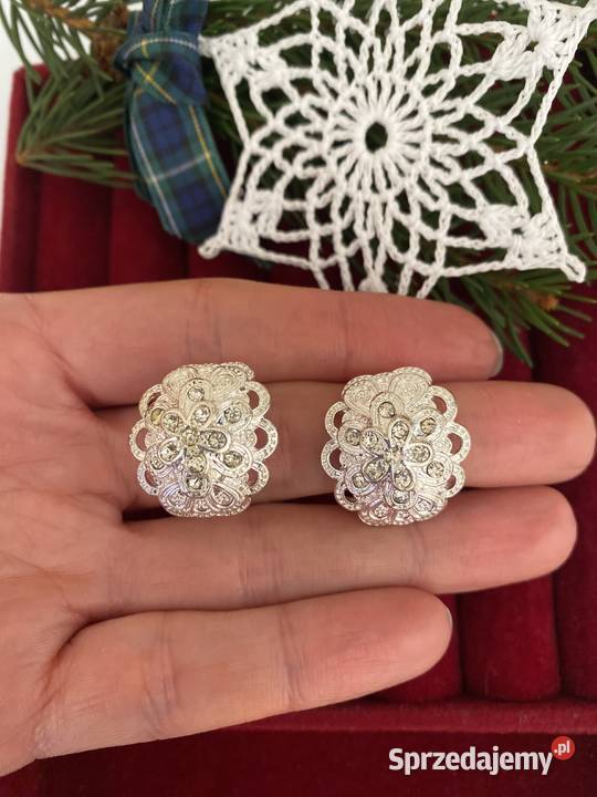 Klipsy vintage srebrna tonacja kamienie Smardzew