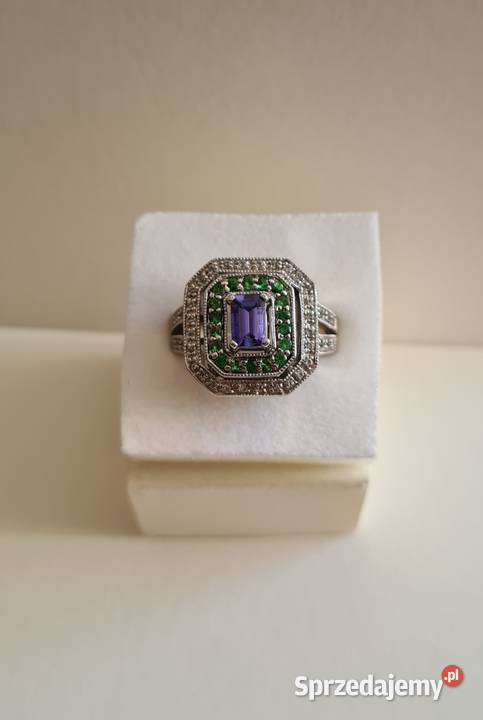 Srebrny pierścionek z tanzanitem tsavorytami i srebro mazowieckie Otwock