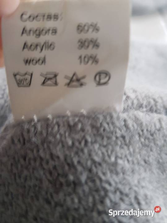 wełniany płaszcz czapka z angory szary wiązany Inny wzór