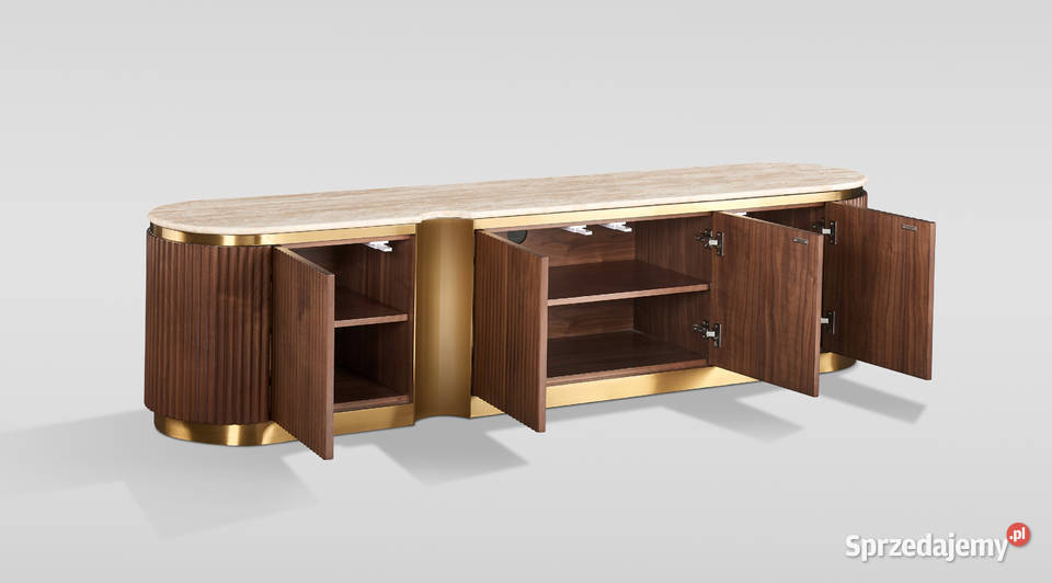 Ryflowana szafka RTV złota drewniana brązowa Golkowice