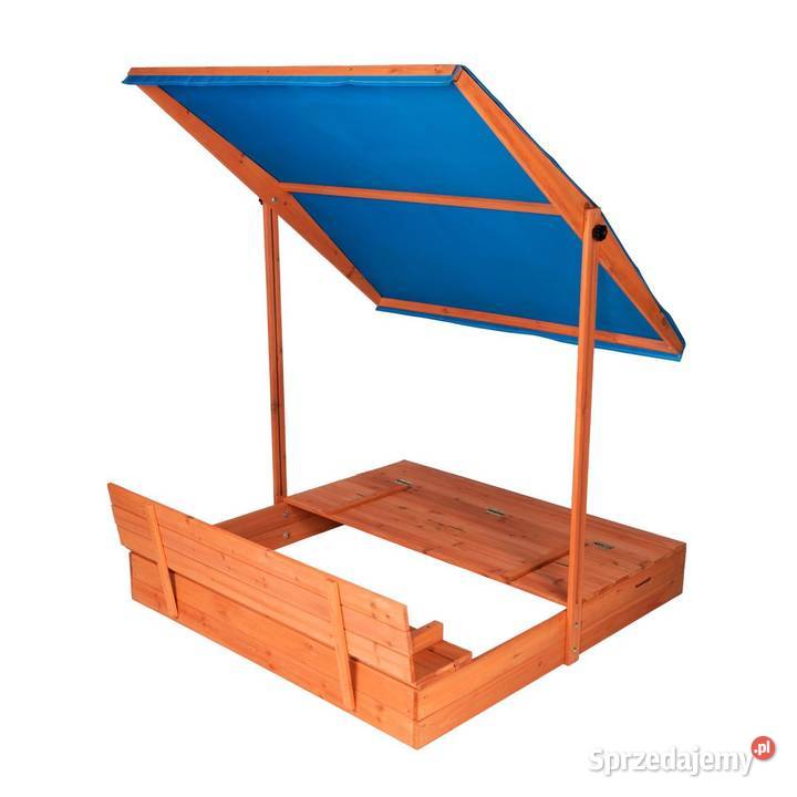 Drewniana piaskownica ogrodowa z daszkiem
