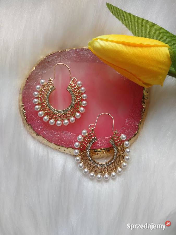 Złote kolczyki koła z cyrkoniami i perełkami małopolskie sprzedam