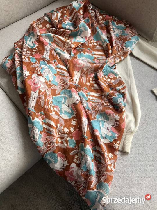 Duża jedwabna apaszka vintage motyw kwiatów Warszawa