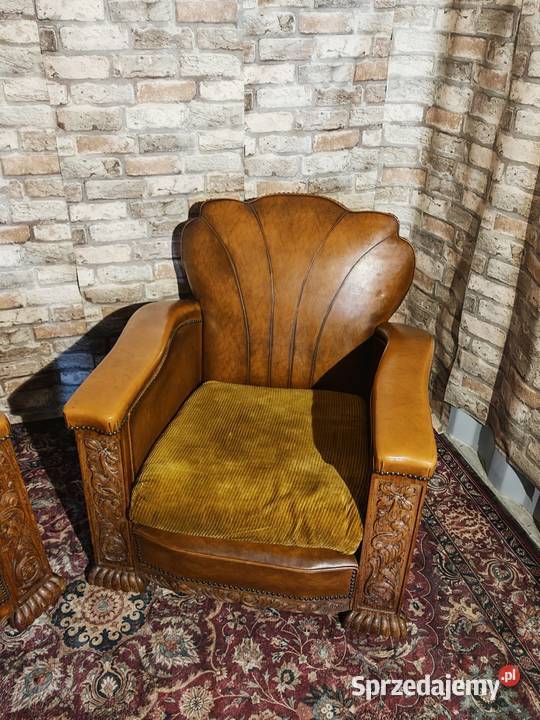 Dwa potężne fotele z prawdziwej skóry i drewna Sandomierz