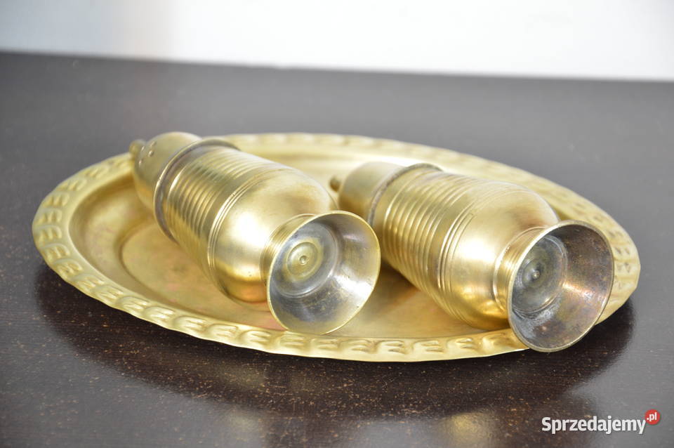 mosiężne solniczka i pieprzniczka na tacce stare Antyki Jastrzębie-Zdrój