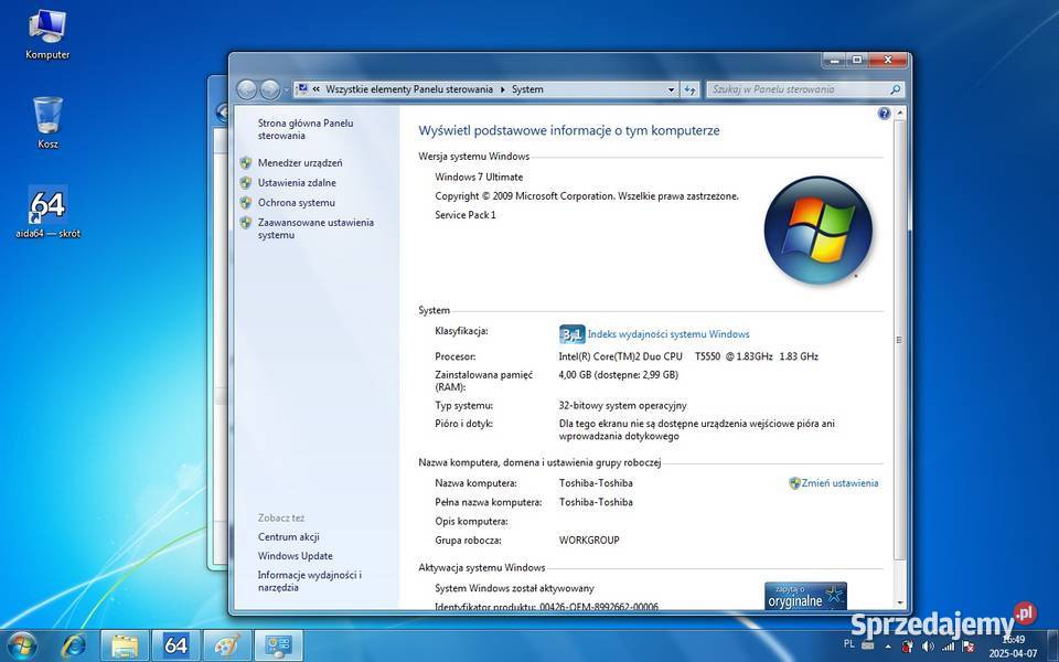 Toshiba a300149 Core2Duo T5550 1833MHzRam4Gb Włocławek