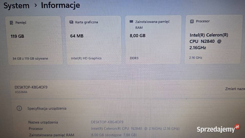 Laptop Asus R515M Intel N2840 8GB ddr3 SSD 128gb Intel Celeron  Rzeszów