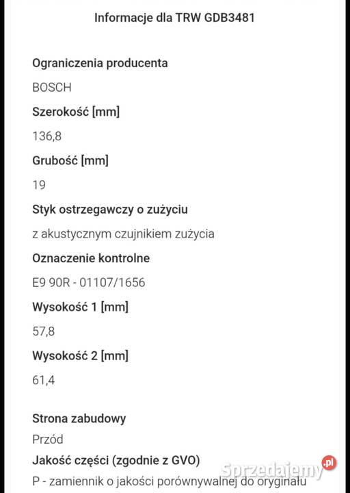 Tarcze klocki TRW przód toyota DF4808 GDB3481 osobowe Józefów