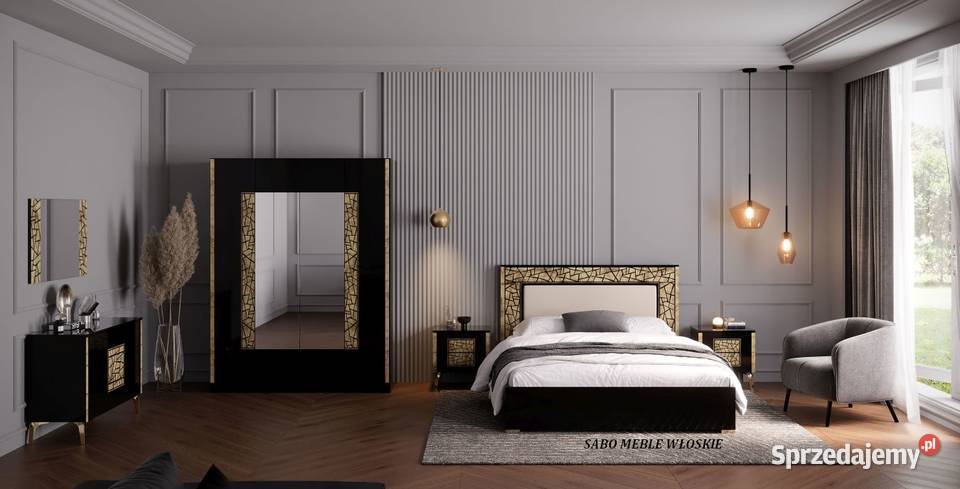 Nowoczesna włoska sypialnia ze złotymi dodatkami czarna