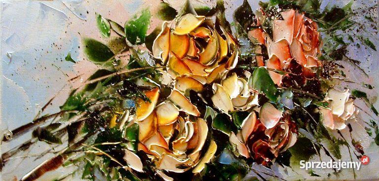Kolorowe róże  - Obraz olejny, kwiaty, szpachla, 40x20