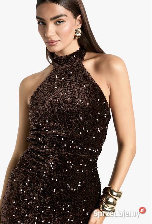 Czekoladowa cekinowa sukienka bez rękawa Warszawa