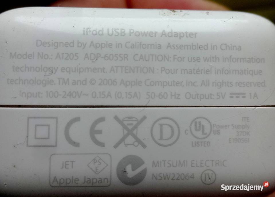 18 Zasilacz ładowarka Apple iPod ADP605SR 5v1A zachodniopomorskie Szczecin