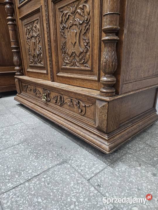 Stara dębowa biblioteczka eklektyczna z witrażem Nowy Sącz