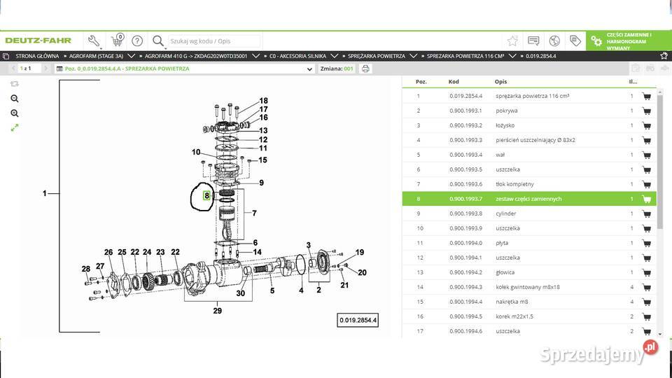 zestaw pierścieni sprężarki powietrza DeutzFahr Kabina i karoseria Koszanowo