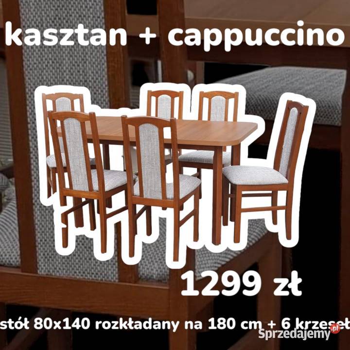 Nowe: Stół 80x140/180 + 6 krzeseł, kasztan + cappucino