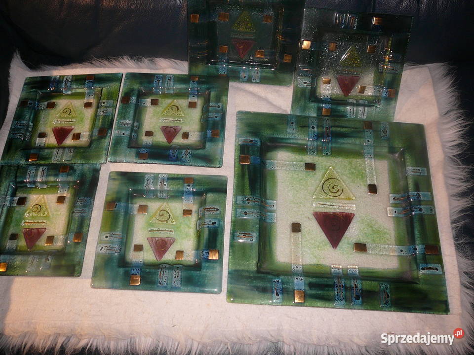 Zestaw talerzy 61 artystyczne kolorowe szkło dolnośląskie Wrocław