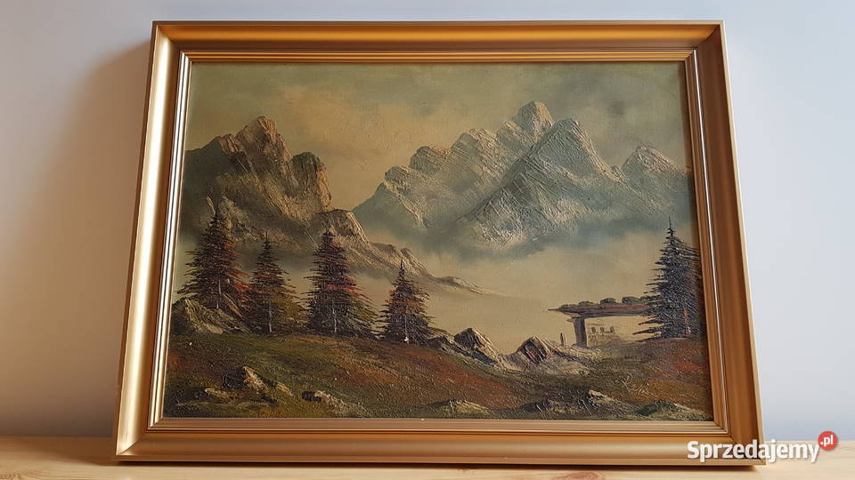 Stary duży obraz olejny pejzaż górski sygnowany śląskie Dąbrowa Górnicza