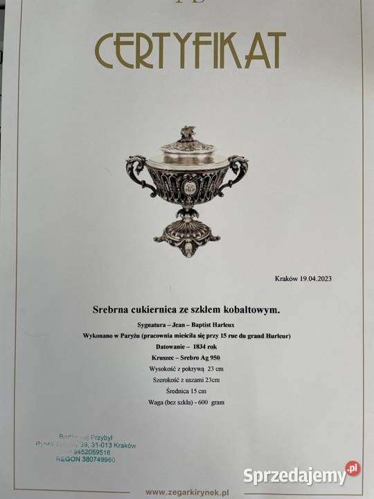 Srebro cukiernica Jean Baptist Harleux 1834 Jelenia Góra