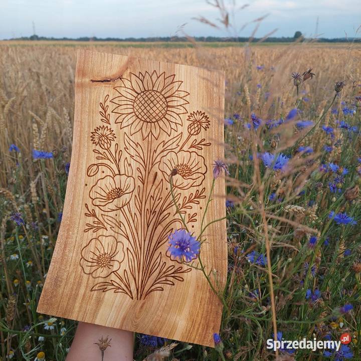 Płaskorzeźba grawer deska jesionowa kwiaty maki