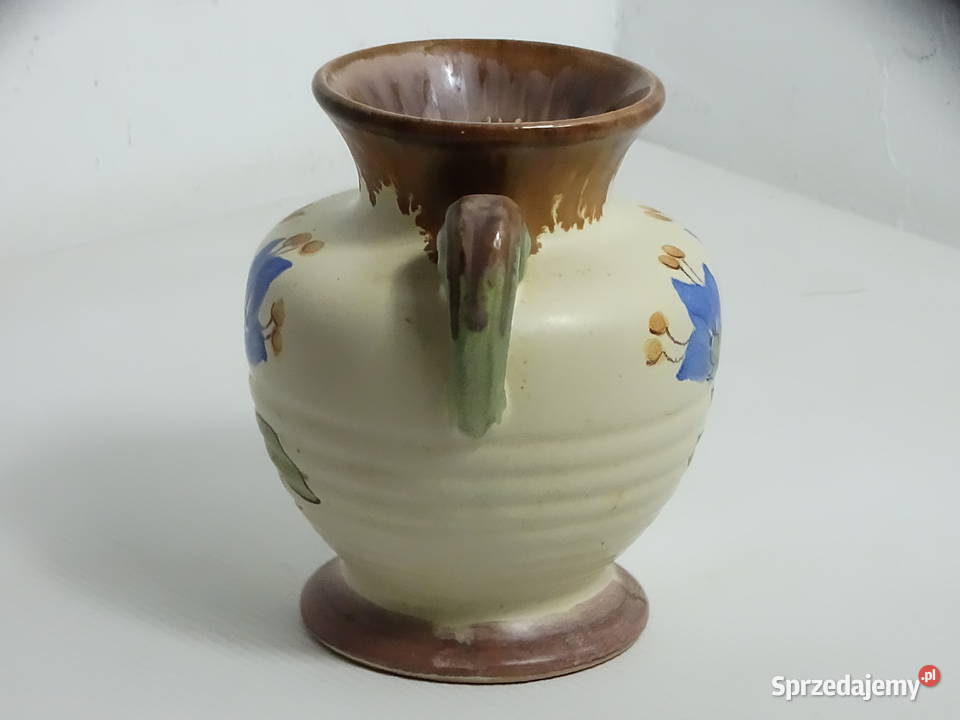 Stary ceramiczny wazon z uszami Ręcznie malowany Biłgoraj