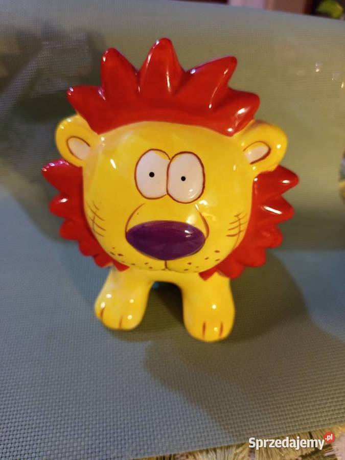 Urocz ceramiczna skarbonka Żółty Lew z gumową Warszawa