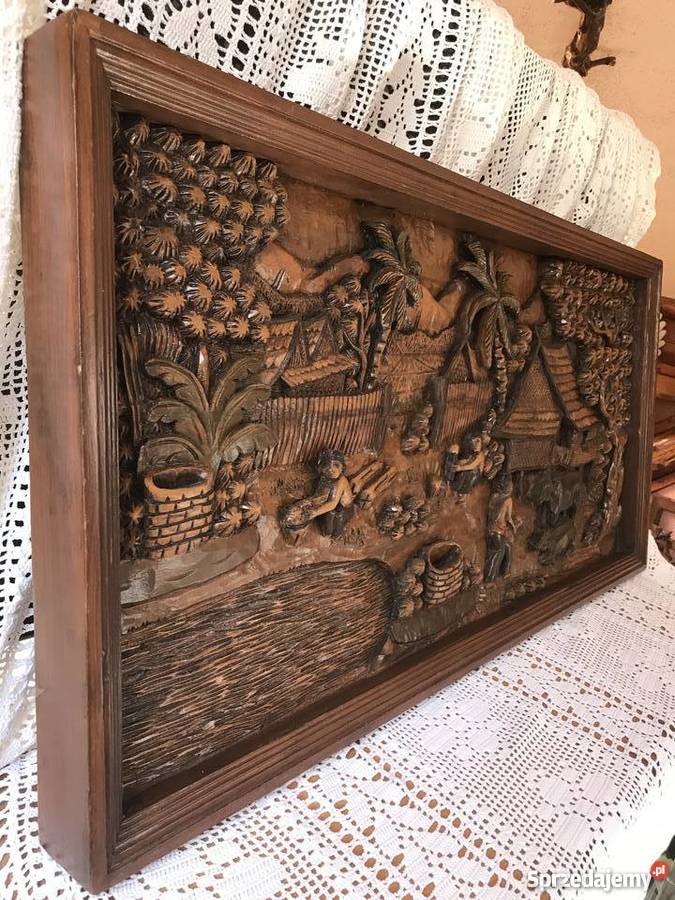 Płaskorzeźba 107 drewniany obraz relief ręcznie Antyki, Sztuka, Kolekcje