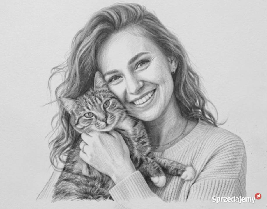 Portret z kotem rysunek ołówkiem i grafitem A4 Gdańsk