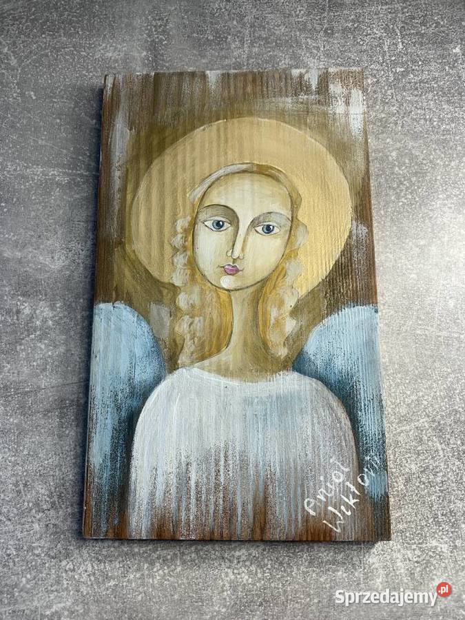 Anioł aniołek malowany na drewnie NOWY drewno odcienie brązowego