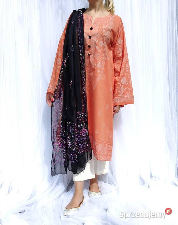 Duża chusta szal dupatta haftowana szyfon czarna Dla kobiet Galanteria i dodatki Szczecin