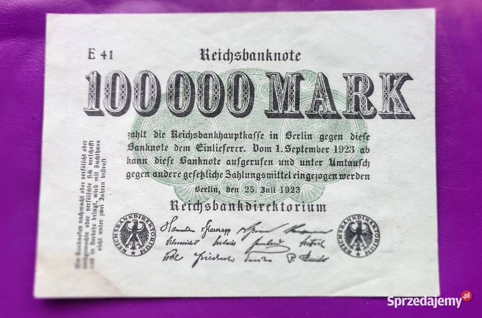 Banknot Niemcy 100000 Marek 1923 E 41 Ładny Numizmatyka Antyki, Sztuka, Kolekcje Pruszków
