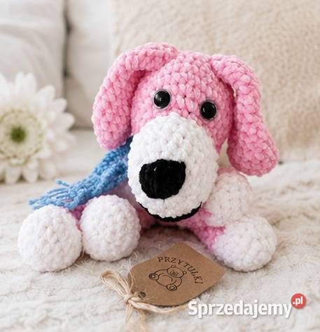Różowy piesek handmade miękka przytulanka Parzniew