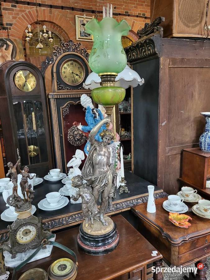 Pięknie zdobiona lampa naftową z brązu Antyki śląskie