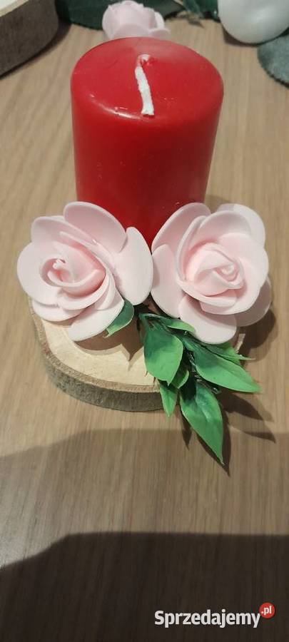 Mini swiecznik z różyczkami na plastrze drewna Sochaczew sprzedam