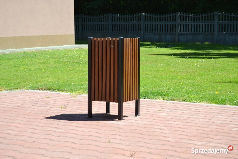 Kosz miejski parkowy na śmieci drewniany stalowy Grodzisk